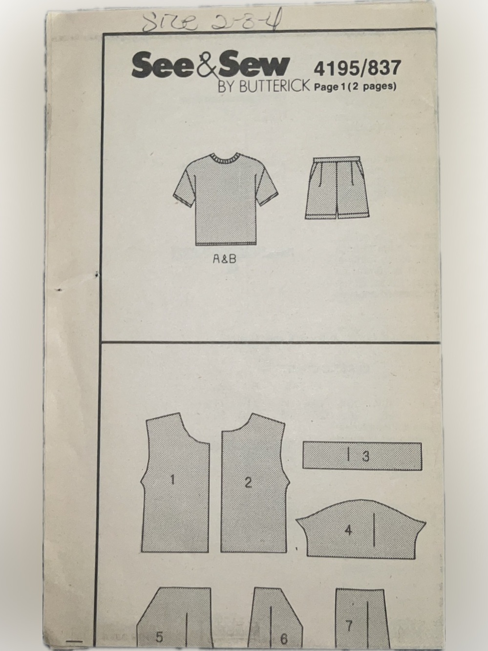 🍄Vintage New Butterick See & Sew 4195 / 837 Uncut Pattern Shorts Top Child 2 3 4